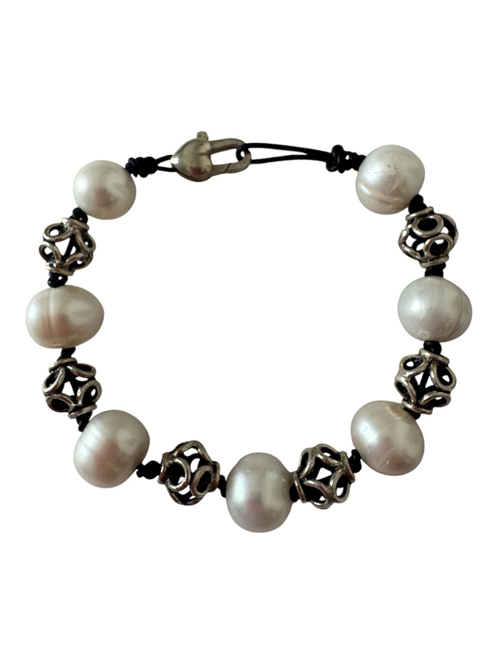 Sundance 925 Bali Sterling Silver Baroque White Pearl Black Leather Bracelet NEW